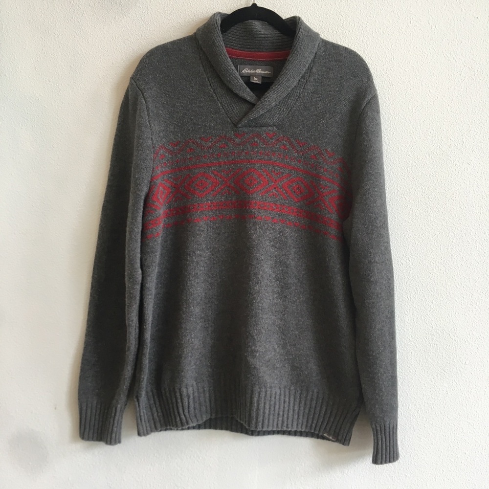 Eddie Bauer Mens Sweater Wool Blend Knit Gray Collard Winter Holiday Preppy L